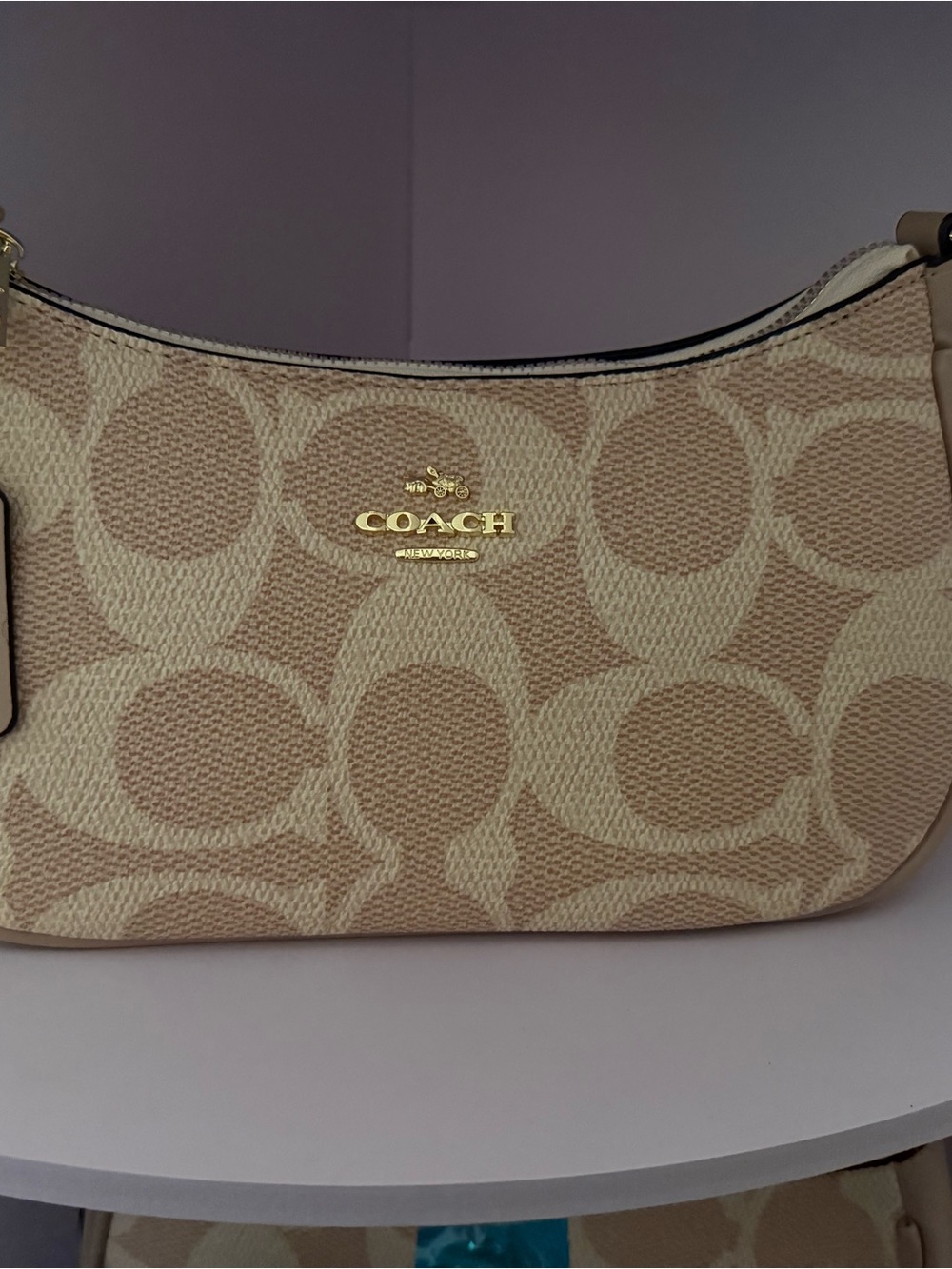 Coach Neutral Signature Canvas Shoulder Bag with Gold Logo